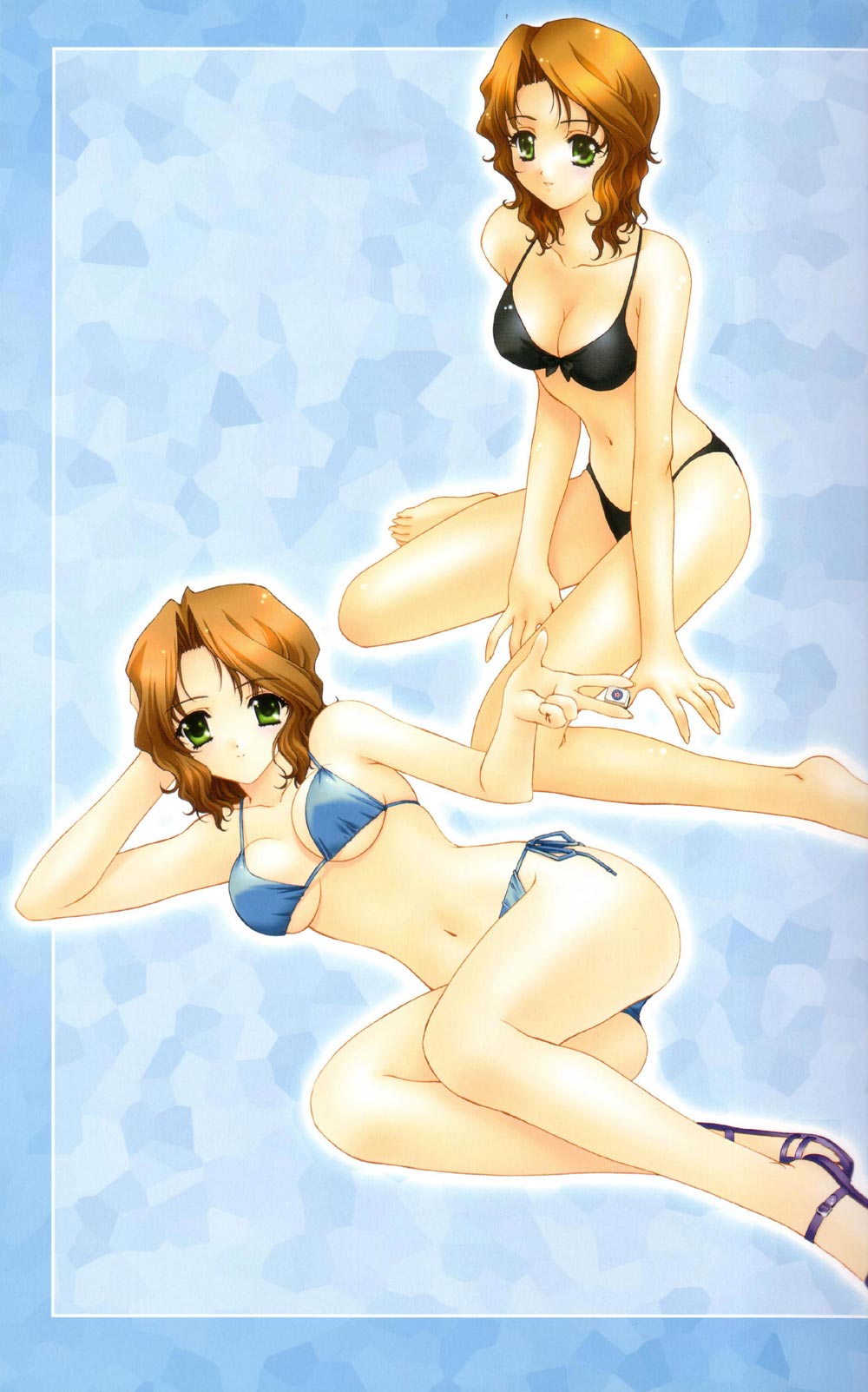 kimizuka aoi, highres, barefoot, bikini, breasts, brown hair, cleavage, green eyes, sandals, side-tie bikini bottom, swimsuit, toes
