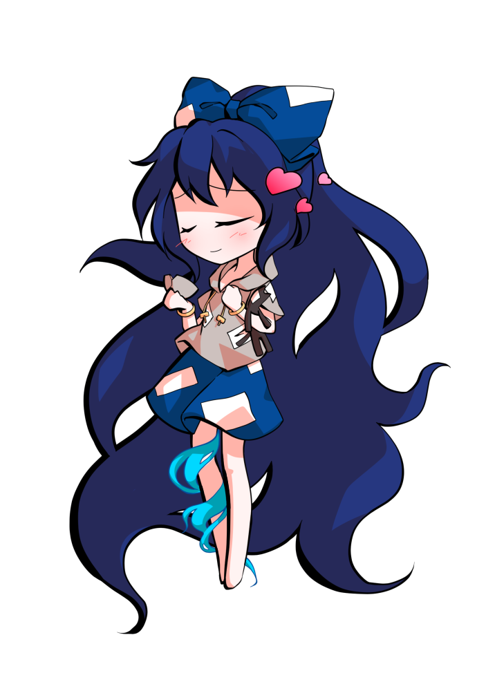 dairi, yorigami shion, touhou, commentary request, large variant set, variant set, 1girl, absurdly long hair, barefoot, blue bow, blue hair, blue skirt, bow, bowl, chibi, chibi only, full body, grey hoodie, hair bow, hood, hoodie, long hair, short sleeves, skirt, solo, standing, stuffed animal, stuffed cat, stuffed toy, tachi-e, transparent background, very long hair