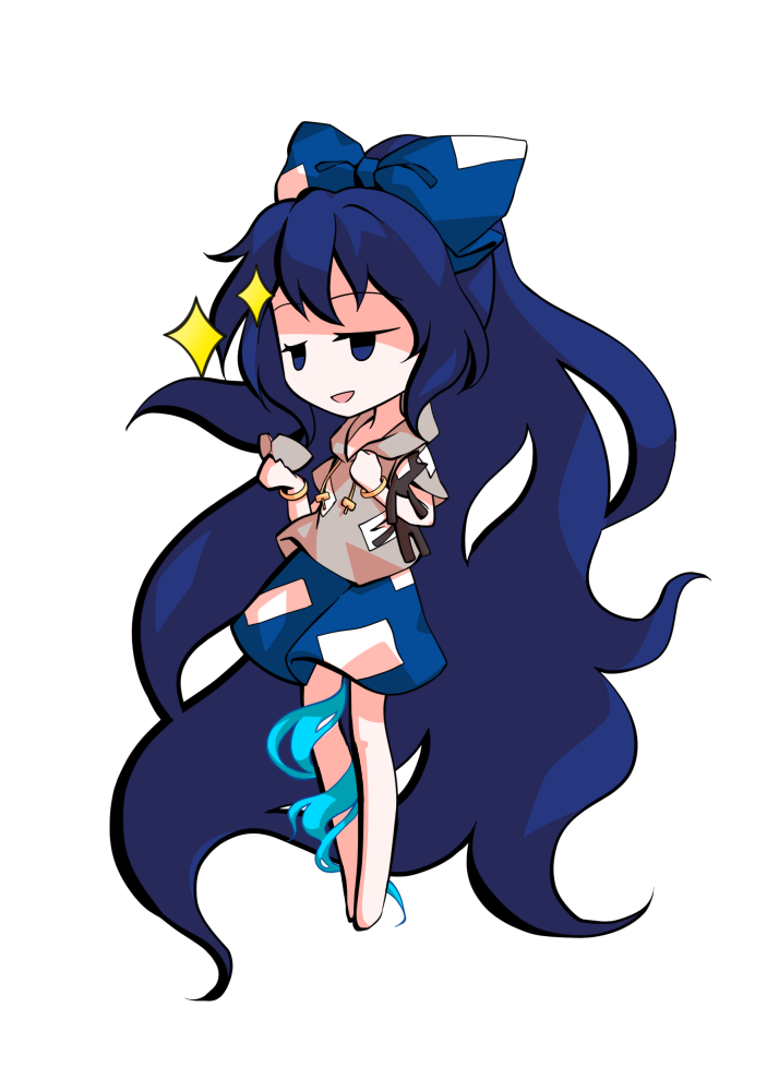 dairi, yorigami shion, touhou, commentary request, large variant set, variant set, 1girl, absurdly long hair, barefoot, blue bow, blue hair, blue skirt, bow, bowl, chibi, chibi only, full body, grey hoodie, hair bow, hood, hoodie, long hair, short sleeves, skirt, solo, standing, stuffed animal, stuffed cat, stuffed toy, tachi-e, transparent background, very long hair
