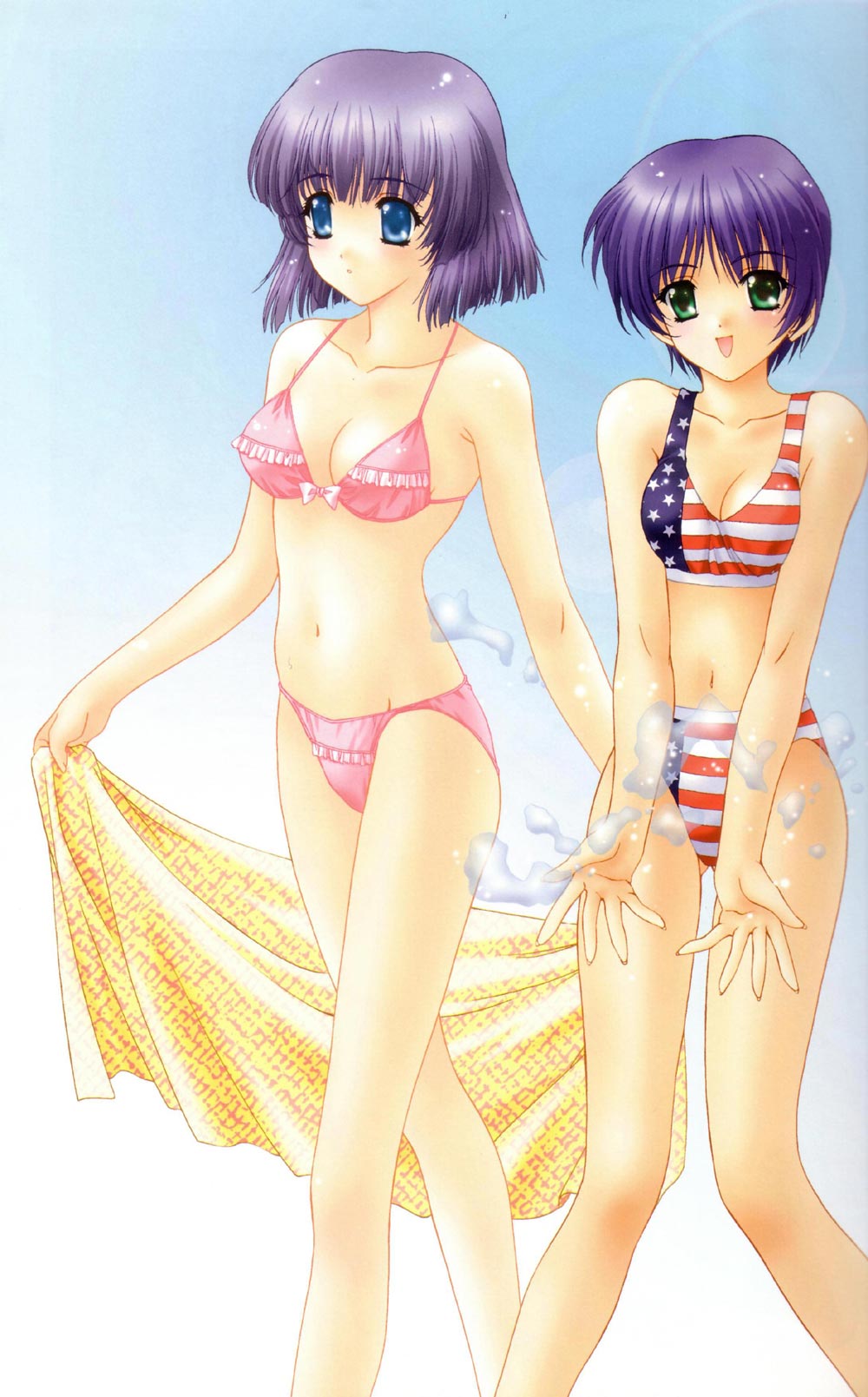 kimizuka aoi, highres, bikini, blue eyes, bubble, purple hair, short hair, swimsuit, united states