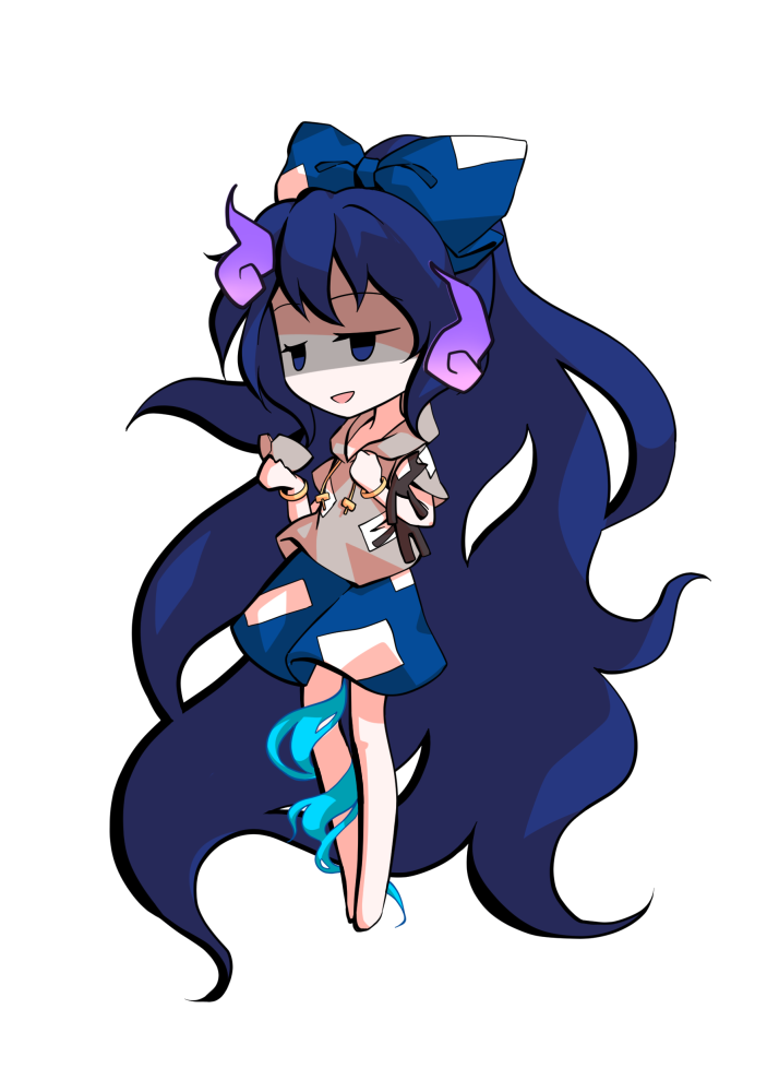 dairi, yorigami shion, touhou, commentary request, large variant set, variant set, 1girl, absurdly long hair, barefoot, blue bow, blue hair, blue skirt, bow, bowl, chibi, chibi only, full body, grey hoodie, hair bow, hood, hoodie, long hair, short sleeves, skirt, solo, standing, stuffed animal, stuffed cat, stuffed toy, tachi-e, transparent background, very long hair