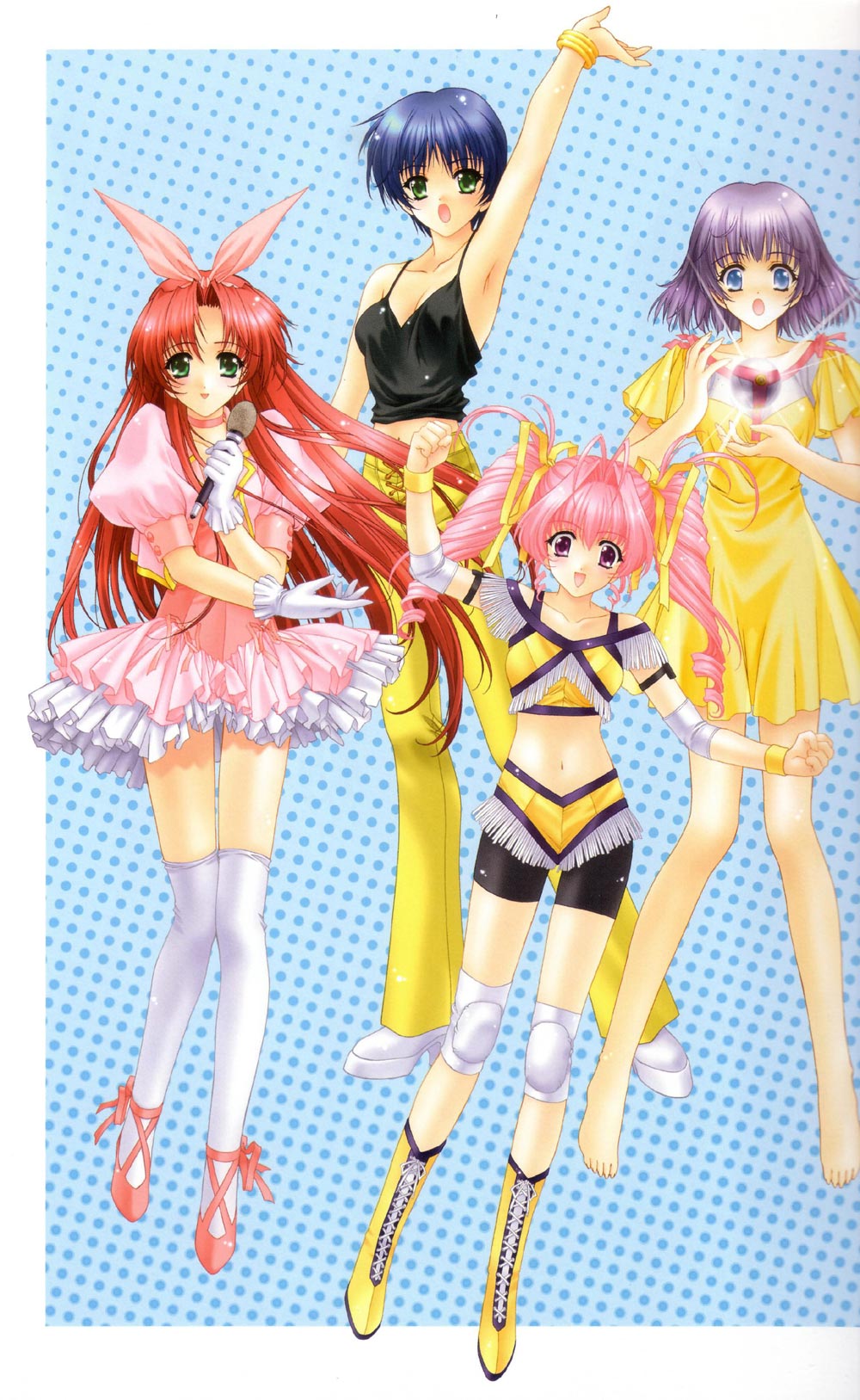 kimizuka aoi, white legwear, yellow footwear, highres, 4girls, armpits, barefoot, bike shorts, blue eyes, blue hair, boots, bracelet, dress, gloves, green eyes, hair ribbon, jewelry, microphone, multiple girls, pants, pink dress, pink hair, purple hair, red hair, ribbon, thighhighs, white gloves, wristband, yellow dress