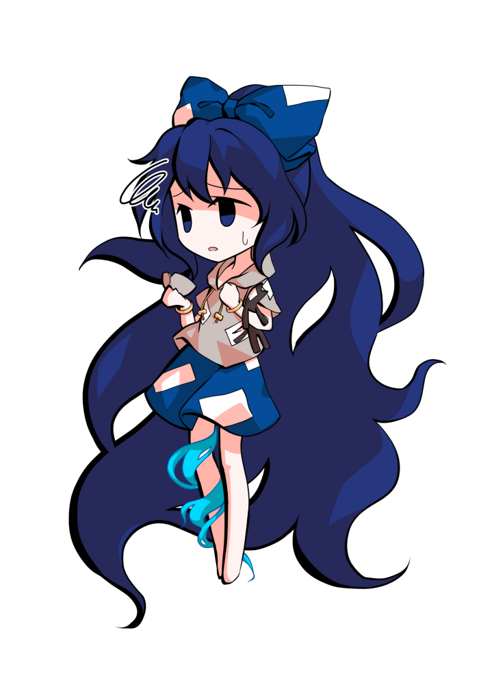 dairi, yorigami shion, touhou, commentary request, large variant set, variant set, 1girl, absurdly long hair, barefoot, blue bow, blue hair, blue skirt, bow, bowl, chibi, chibi only, full body, grey hoodie, hair bow, hood, hoodie, long hair, short sleeves, skirt, solo, standing, stuffed animal, stuffed cat, stuffed toy, tachi-e, transparent background, very long hair