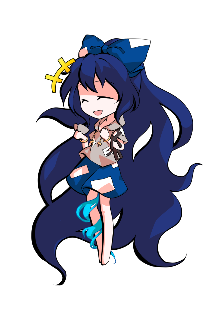 dairi, yorigami shion, touhou, commentary request, large variant set, variant set, 1girl, absurdly long hair, barefoot, blue bow, blue hair, blue skirt, bow, bowl, chibi, chibi only, full body, grey hoodie, hair bow, hood, hoodie, long hair, short sleeves, skirt, solo, standing, stuffed animal, stuffed cat, stuffed toy, tachi-e, transparent background, very long hair