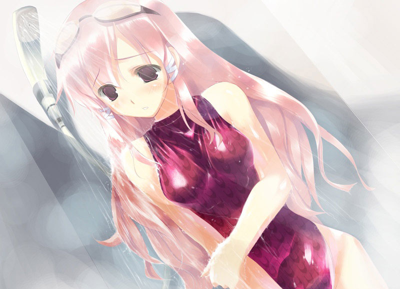 amazuyu tatsuki, hitomi yomi, sukumizu 2, game cg, 1girl, brown eyes, female focus, long hair, one-piece swimsuit, pink hair, pink one-piece swimsuit, shiny clothes, showering, solo, swimsuit, wet