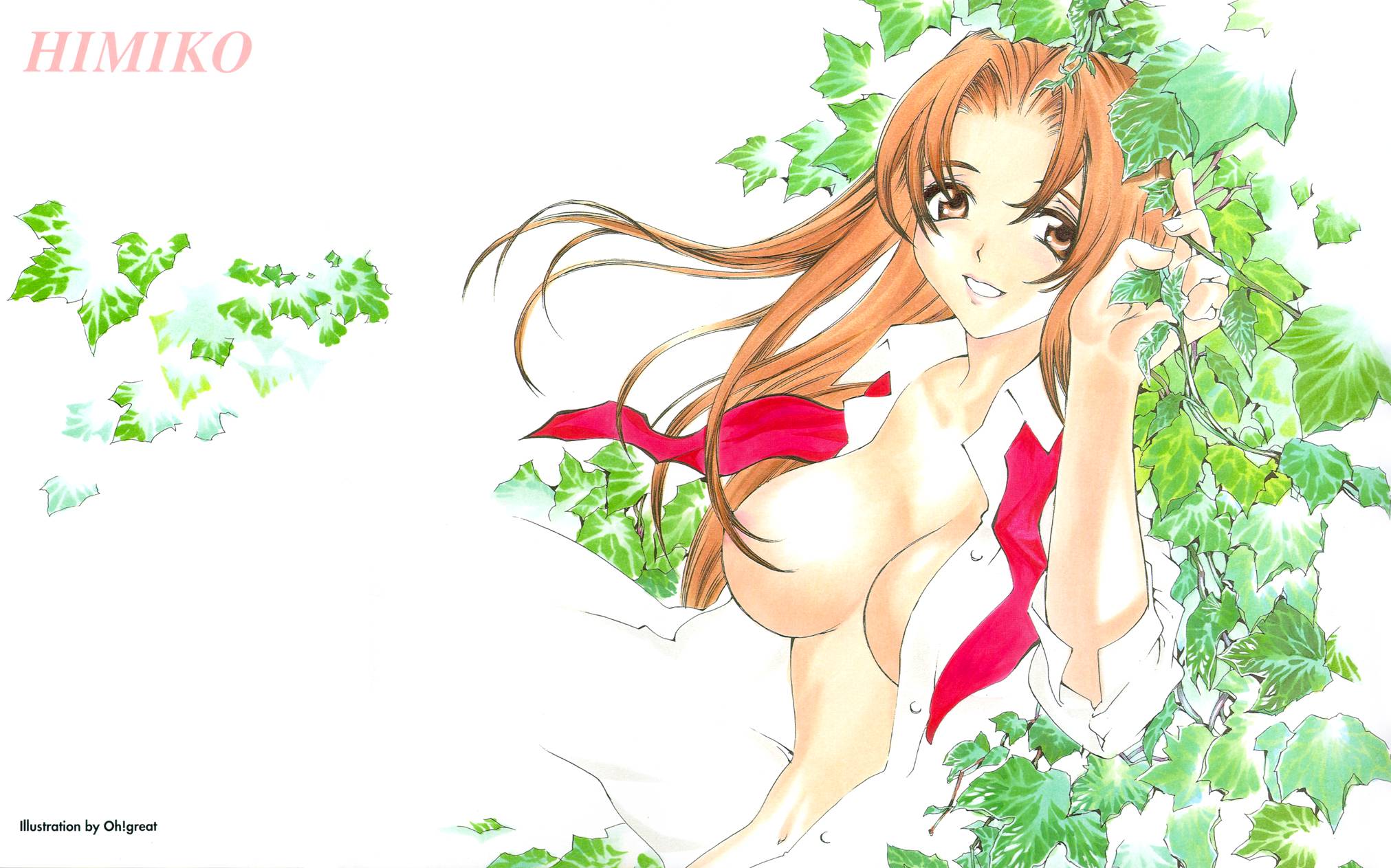 oogure ito, himejima himiko, himiko-den, highres, official art, scan, 1girl, areola slip, breasts, brown eyes, brown hair, censored, convenient censoring, dress shirt, female focus, hair censor, hair over breasts, large breasts, leaf, long hair, nature, no bra, open clothes, open shirt, orange eyes, orange hair, shirt, smile, solo