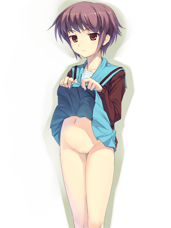 munashi mujou, nagato yuki, suzumiya haruhi no yuuutsu, 00s, 1girl, bare legs, censored, clothes lift, expressionless, female focus, legs, loli, no panties, purple hair, short hair, skirt, skirt lift, solo