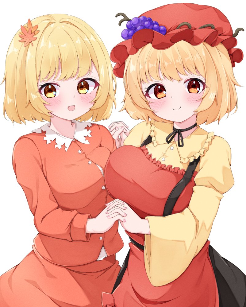 rururiaru, aki minoriko, aki shizuha, touhou, commentary, 2girls, :d, apron, black skirt, blonde hair, blush, breasts, choker, closed mouth, collared shirt, cowboy shot, food-themed hair ornament, frilled shirt collar, frills, grape hair ornament, hair ornament, hat, holding hands, large breasts, leaf hair ornament, long sleeves, looking at viewer, medium breasts, mob cap, multiple girls, open mouth, orange eyes, red apron, red choker, red hat, red shirt, red skirt, ribbon choker, shirt, short hair, siblings, simple background, sisters, skirt, smile, white background, yellow eyes, yellow shirt