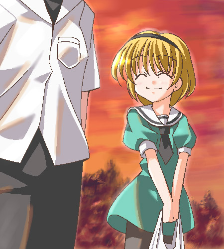 houjou satoko, maebara keiichi, higurashi no naku koro ni, lowres, 00s, blonde hair, brown eyes, dress, oekaki, pantyhose, sailor dress