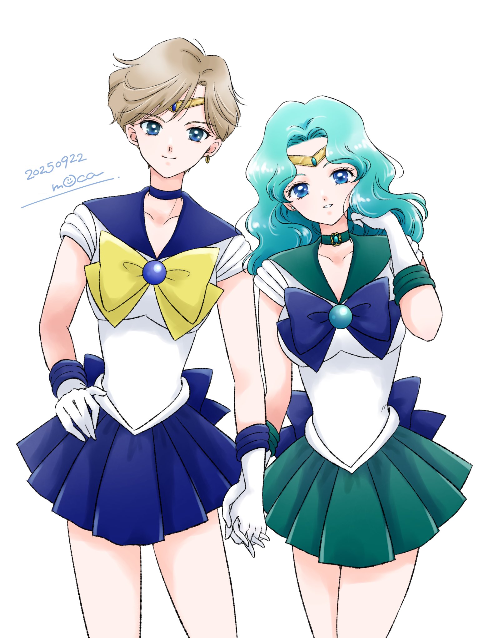 hemuhemu moca, kaiou michiru, sailor neptune, sailor uranus, ten'ou haruka, bishoujo senshi sailor moon, highres, 2girls, aqua eyes, aqua hair, blonde hair, blue choker, blue eyes, blue sailor collar, blue skirt, bow, choker, earrings, gloves, holding hands, jewelry, long hair, magical girl, multiple girls, parted hair, pleated skirt, sailor collar, sailor senshi uniform, short hair, skirt, smile, wavy hair, white gloves, yellow bow