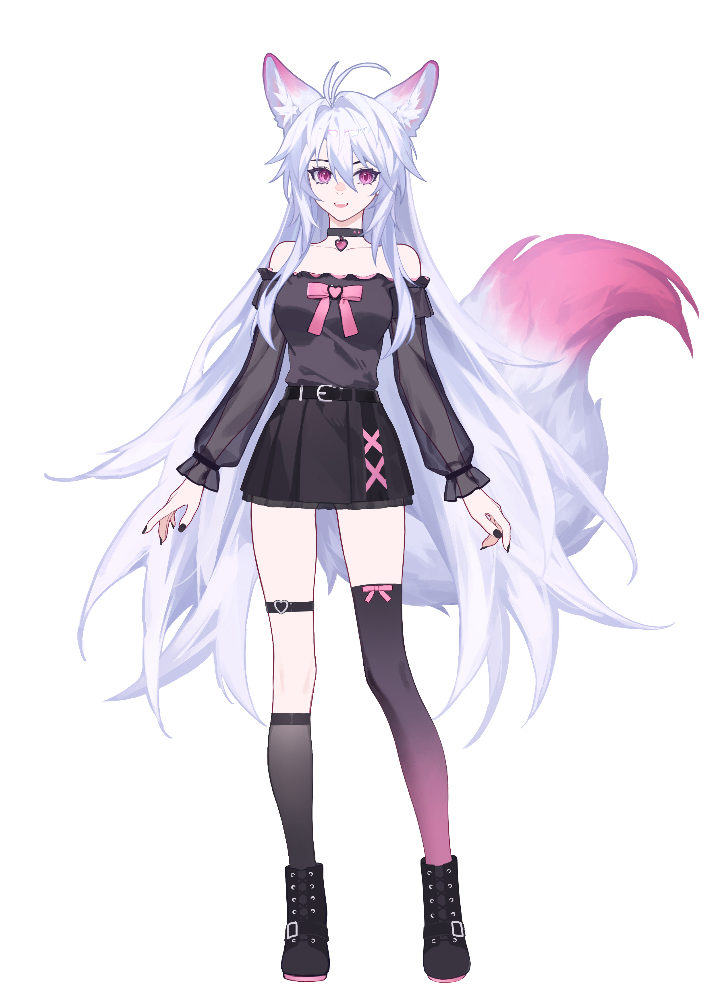 meng xi xuan, original, absurdres, commentary request, highres, revision, 1girl, :d, animal ears, antenna hair, bare shoulders, black choker, black shirt, black shoes, black skirt, bow, choker, fox ears, fox girl, fox tail, full body, large tail, long hair, looking at viewer, luo shun yao, miniskirt, off-shoulder shirt, off shoulder, open mouth, pink bow, puffy short sleeves, puffy sleeves, purple eyes, shirt, shoes, short sleeves, simple background, single thighhigh, skirt, smile, solo, standing, striped clothes, striped thighhighs, tail, thighhighs, very long hair, white background, white hair