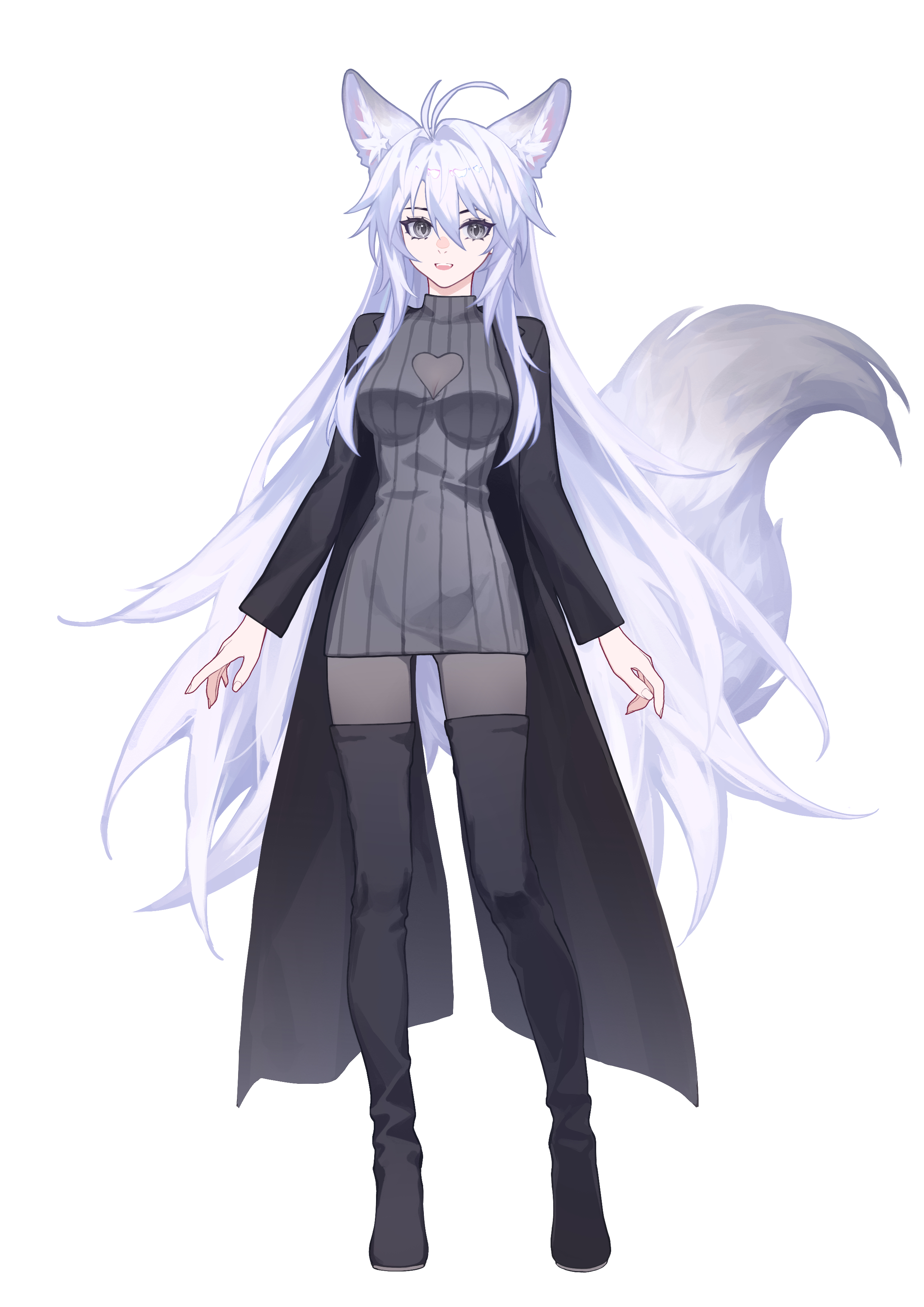 meng xi xuan, original, absurdres, commentary request, highres, 1girl, animal ear fluff, animal ears, black boots, black coat, black pantyhose, boots, breasts, coat, dress, fox ears, fox girl, fox tail, full body, grey dress, grey eyes, hair between eyes, hair intakes, long hair, long sleeves, looking at viewer, luo shun yao, medium breasts, open clothes, open coat, open mouth, pantyhose, simple background, smile, solo, standing, sweater, sweater dress, tail, thigh boots, very long hair, white background, white hair
