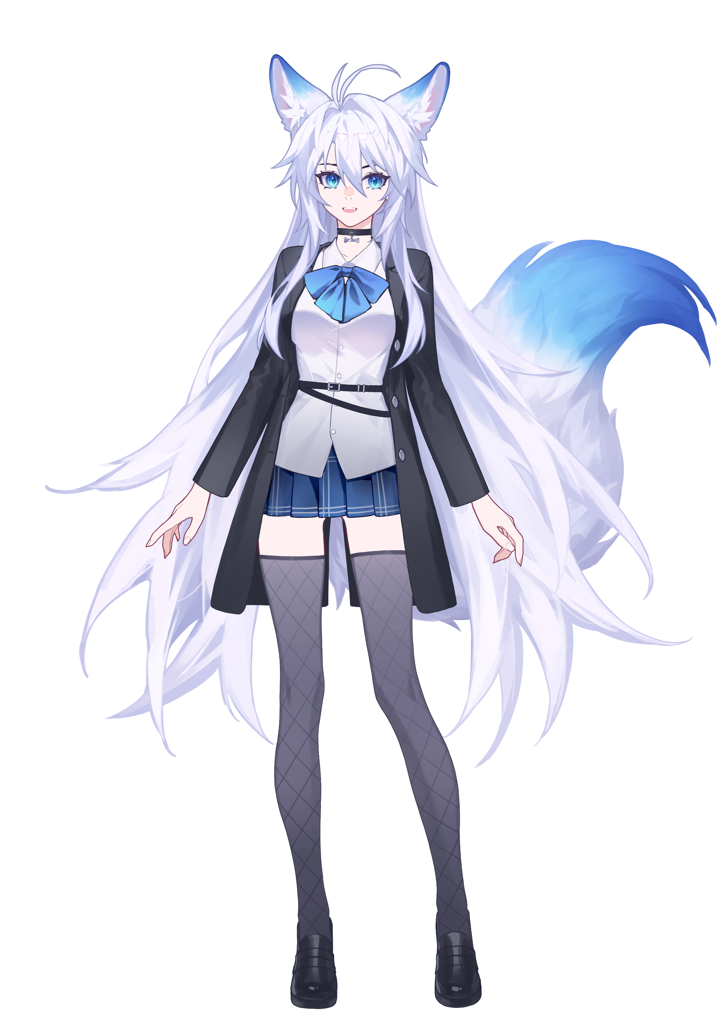 meng xi xuan, original, absurdres, commentary request, highres, 1girl, animal ear fluff, animal ears, black choker, black coat, black shoes, blue bow, blue bowtie, blue eyes, blue skirt, bow, bowtie, breasts, choker, coat, collared shirt, fox ears, fox girl, fox tail, full body, grey thighhighs, hair between eyes, hair intakes, long sleeves, looking at viewer, luo shun yao, medium breasts, open clothes, open coat, open mouth, plaid clothes, plaid skirt, shirt, shoes, simple background, skirt, smile, solo, standing, tail, thighhighs, thighs, white background, white shirt, zettai ryouiki