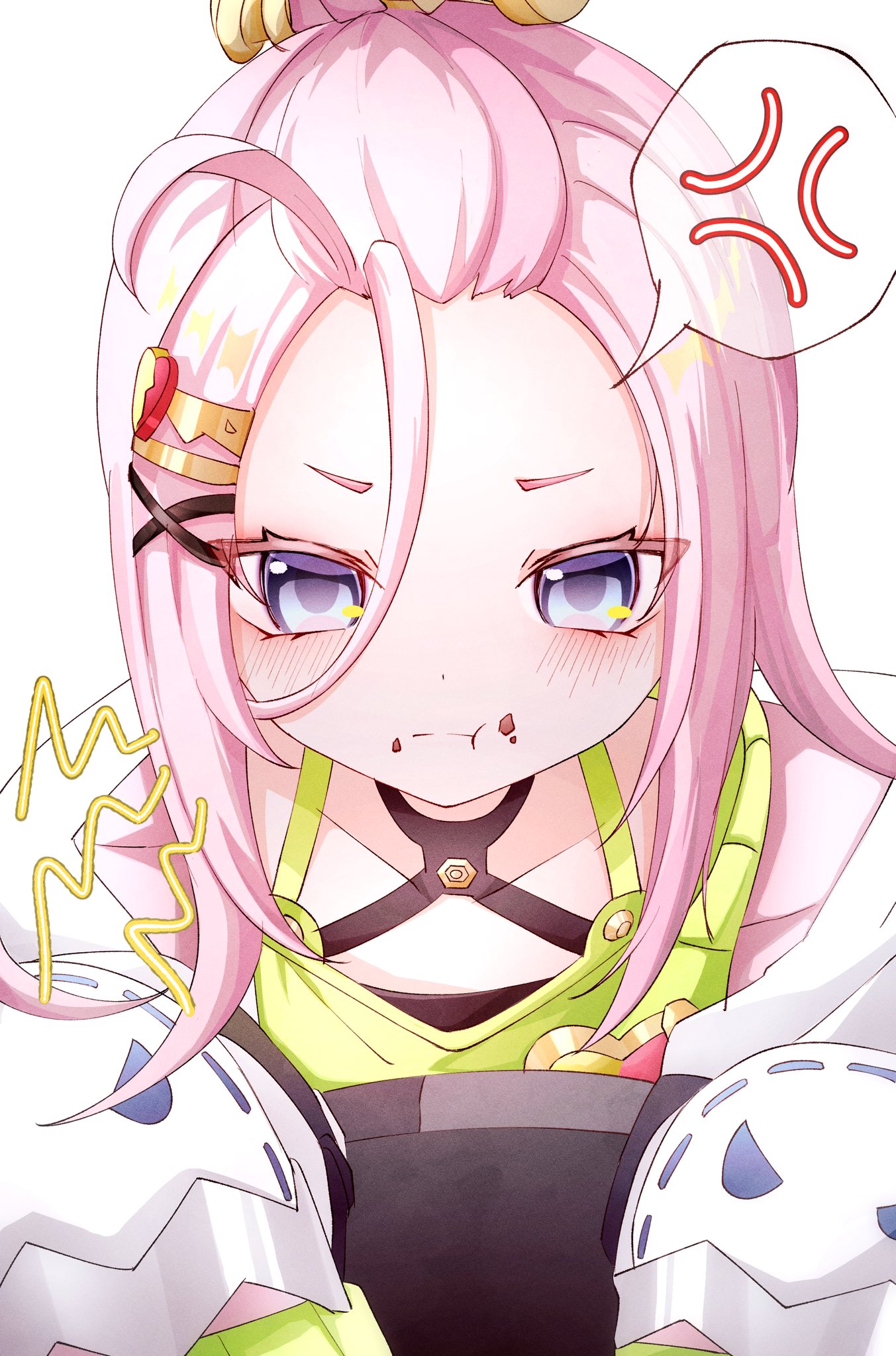 aino (genshin impact), genshin impact, commentary request, highres, 1girl, :t, anger vein, bangs pinned back, blush, closed mouth, crumbs, food, food on face, grey eyes, hair between eyes, hair ornament, hairclip, kuro774 n, long hair, looking at viewer, pink hair, portrait, pout, simple background, solo, spoken anger vein, white background, x hair ornament