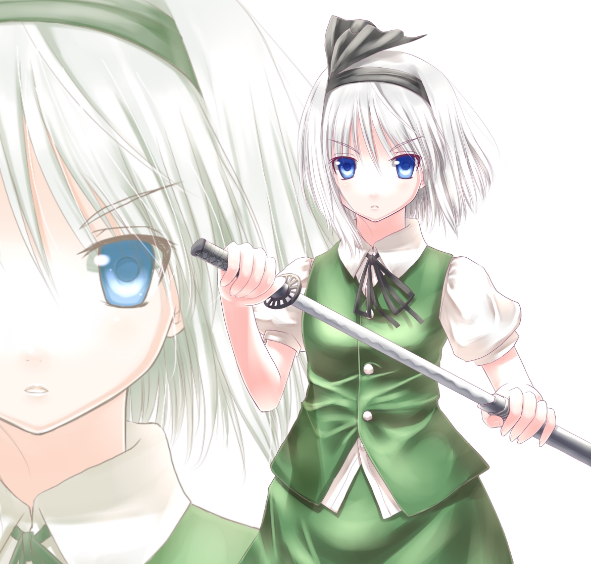 hiraga matsuri, hirasato, konpaku youmu, touhou, 1girl, blue eyes, female focus, hairband, katana, neck ribbon, ribbon, serious, sheath, short hair, solo, sword, unsheathing, vest, weapon, white hair, zoom layer