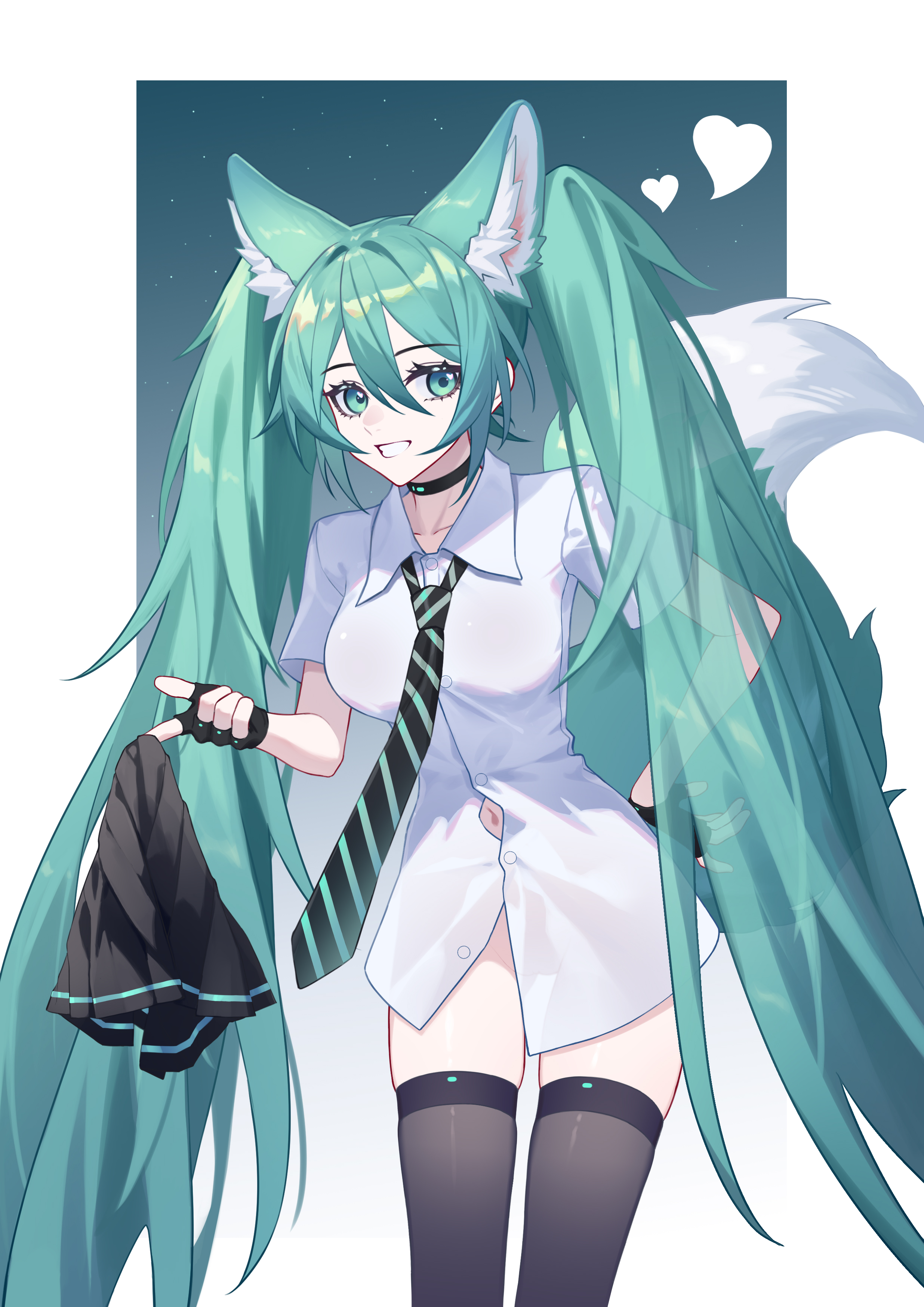 meng xi xuan, hatsune miku, vocaloid, absurdres, commentary, highres, 1girl, animal ear fluff, animal ears, black choker, black gloves, black skirt, black thighhighs, border, bottomless, breasts, choker, collarbone, collared shirt, extra ears, fingerless gloves, fox ears, fox girl, fox tail, gloves, green background, green eyes, green hair, green necktie, grin, hair between eyes, hand on own hip, holding, holding unworn clothes, holding unworn skirt, kemonomimi mode, long hair, looking at viewer, medium breasts, navel, necktie, partially unbuttoned, see-through clothes, see-through shirt, shirt, short sleeves, sidelocks, skirt, smile, solo, striped necktie, tail, thighhighs, thighs, twintails, unworn skirt, very long hair, white border, white shirt