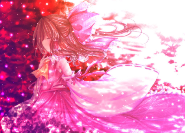kasuga sunao, hakurei reimu, touhou, 1girl, ascot, bow, brown hair, closed eyes, detached sleeves, female focus, hair bow, hair ribbon, pink theme, profile, ribbon, skirt, solo, wide sleeves, wind