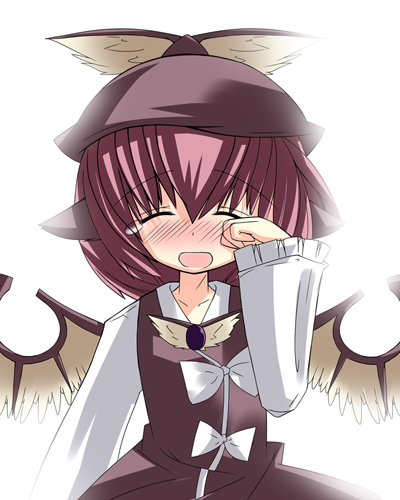 hekiryuu, mystia lorelei, touhou, lowres, 1girl, animal ears, blush, brown hat, closed eyes, female focus, hat, pink hair, short hair, solo, tears, wings