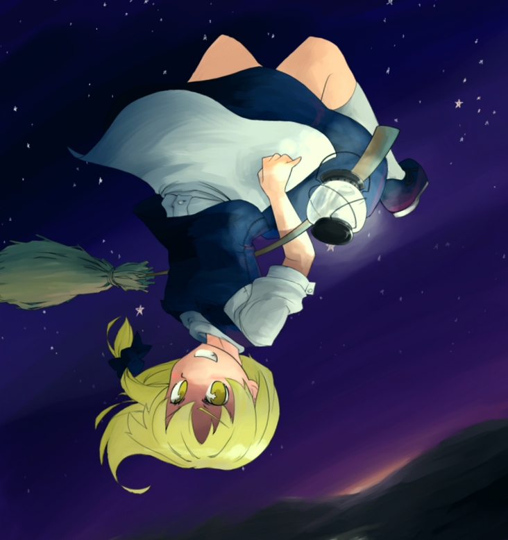 sacha, kirisame marisa, touhou, 1girl, :d, apron, blonde hair, blush, braid, broom, broom riding, female focus, full body, grin, hanging, lantern, looking at viewer, night, open mouth, outdoors, single braid, smile, solo, teeth, upside-down, waist apron, yellow eyes