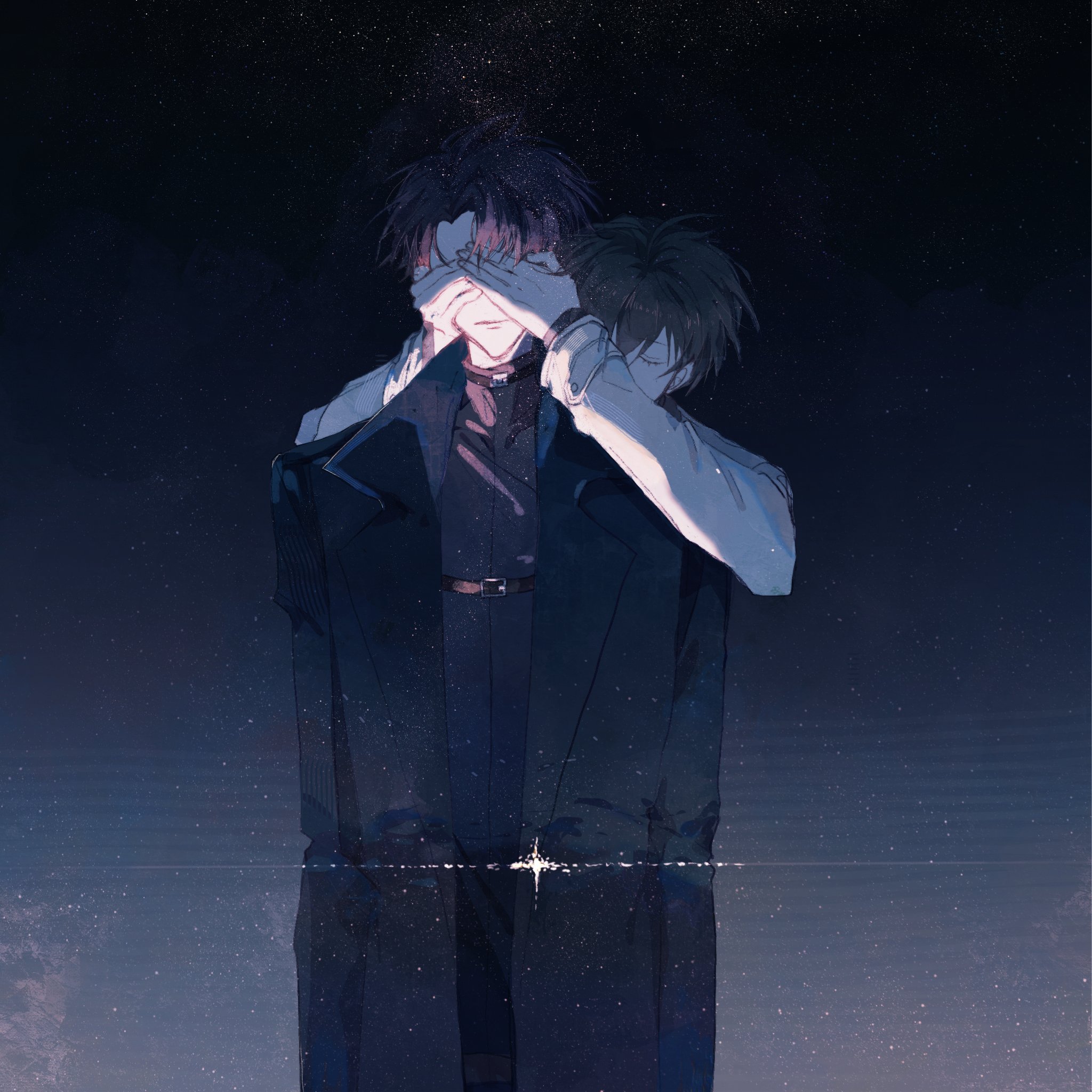 kim dokja, yoo joonghyuk, omniscient reader's viewpoint, highres, 2boys, black coat, black hair, black shirt, breathing742105, closed eyes, coat, covering another's eyes, cowboy shot, expressionless, male focus, multiple boys, open clothes, open coat, popped collar, shirt, short hair, sparkle, standing, underlighting, white coat