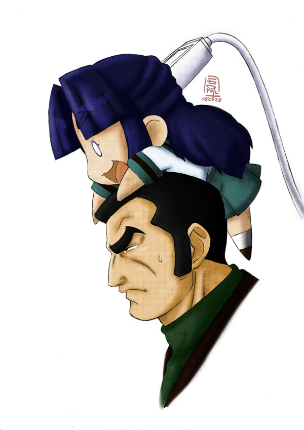 moroyan, asakura ryoko, duke tougou, golgo 13, suzumiya haruhi no yuuutsu, 00s, 1boy, 1girl, blue hair, chibi, long hair, school uniform, serafuku, usb
