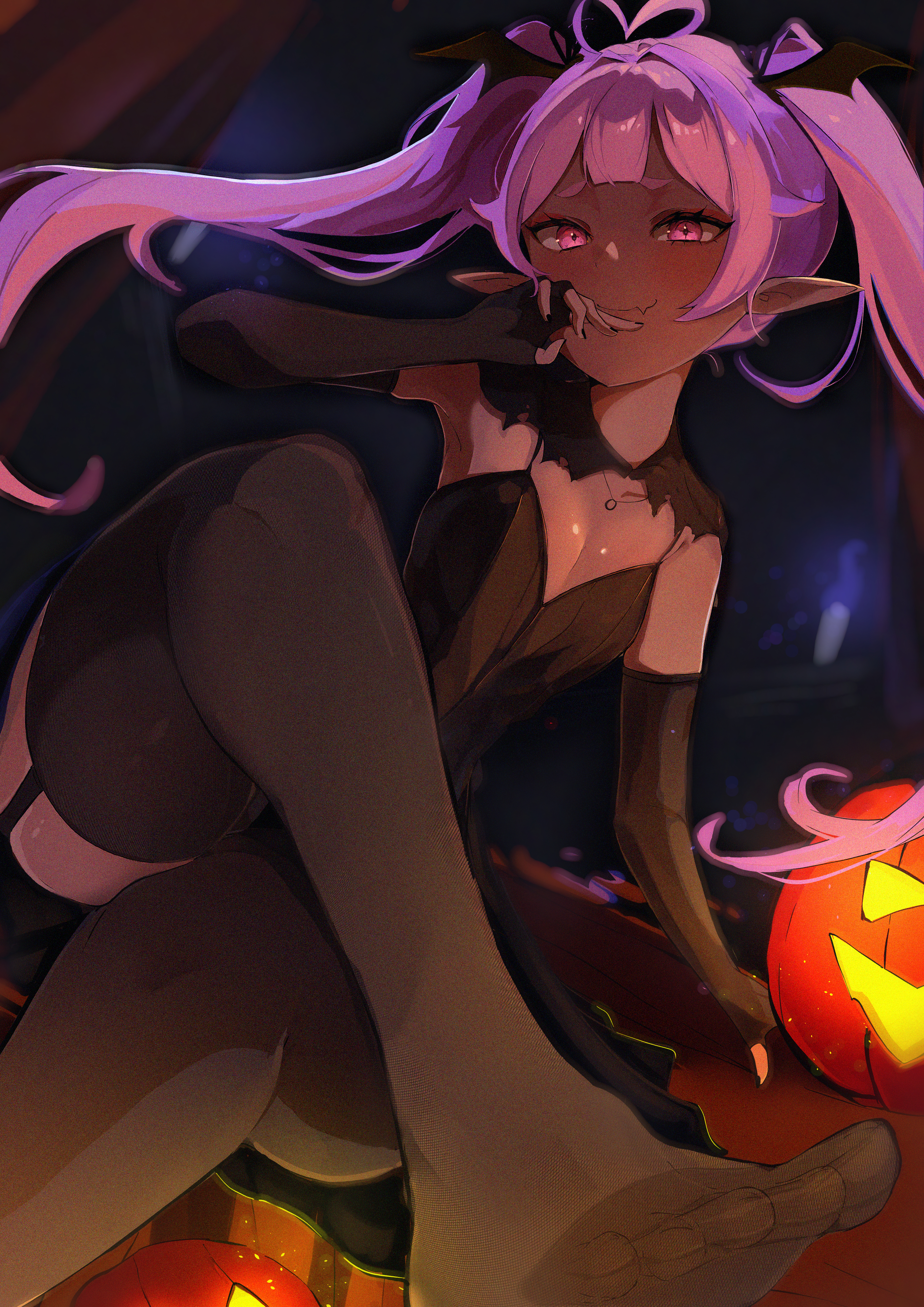 nerosuke, mara evantree, indie virtual youtuber, absurdres, highres, 1girl, crossed legs, dark-skinned female, dark skin, feet, garter straps, halloween, jack-o'-lantern, long hair, looking at viewer, pointy ears, purple eyes, purple hair, see-through clothes, see-through legwear, smile, soles, thighhighs, toes, twintails