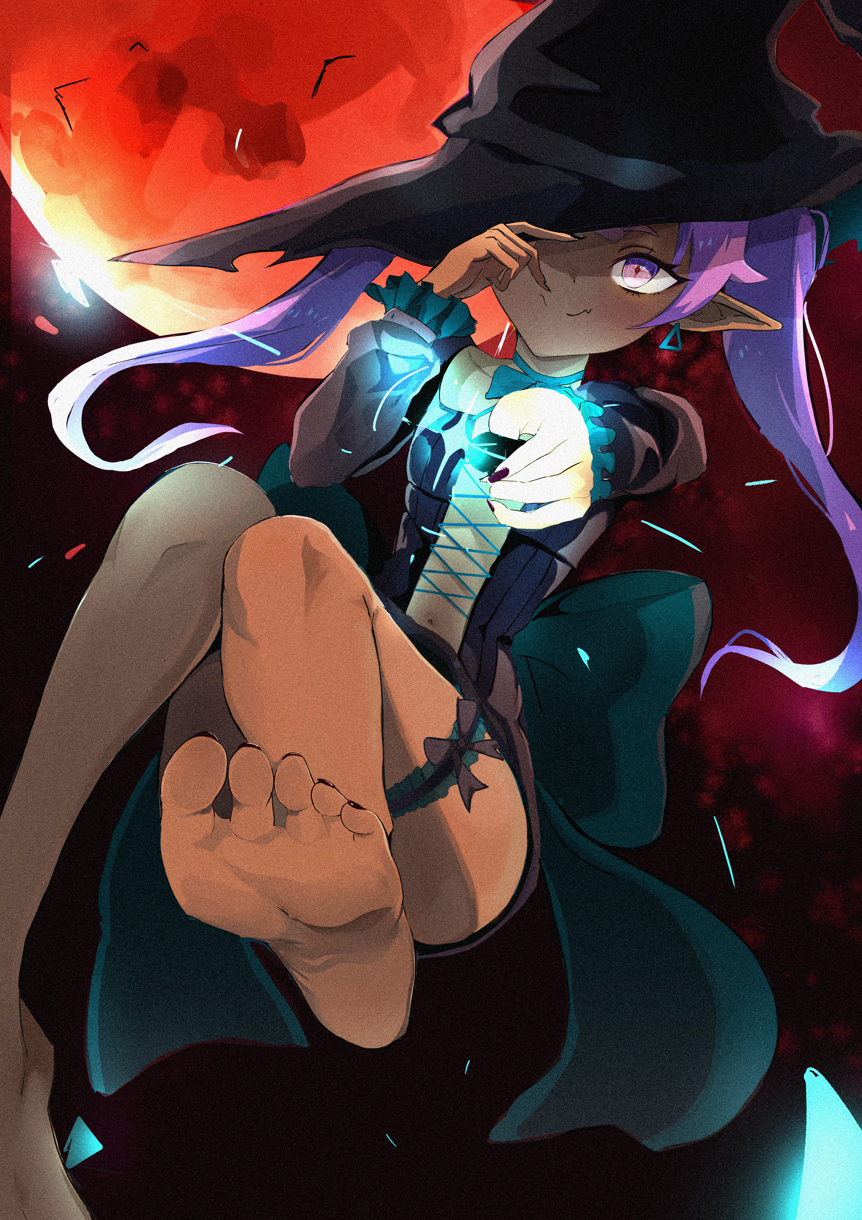 nerosuke, mara evantree, indie virtual youtuber, absurdres, highres, 1girl, barefoot, dark-skinned female, dark skin, feet, hat, long hair, looking at viewer, one eye covered, pointy ears, purple eyes, purple hair, smile, soles, toes, twintails, witch hat