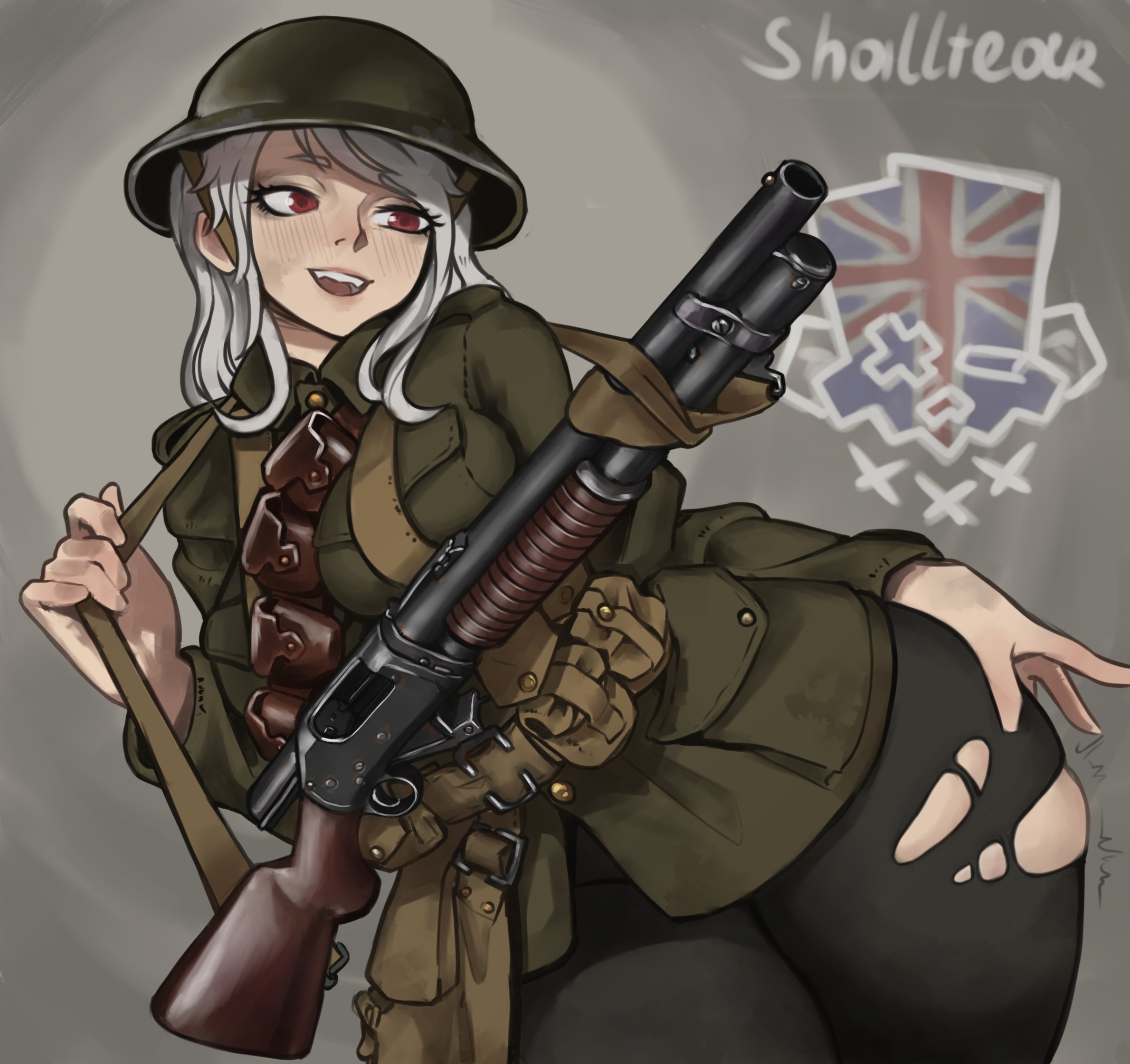 mr banzai, shalltear bloodfallen, overlord (maruyama), highres, 1girl, breasts, british army, brodie helmet, combat helmet, grey hair, gun, hat, helmet, holding, jacket, long hair, long sleeves, military, military uniform, pants, red eyes, rifle, solo, torn clothes, torn pants, united kingdom, very long hair, weapon, wide hips, world war i