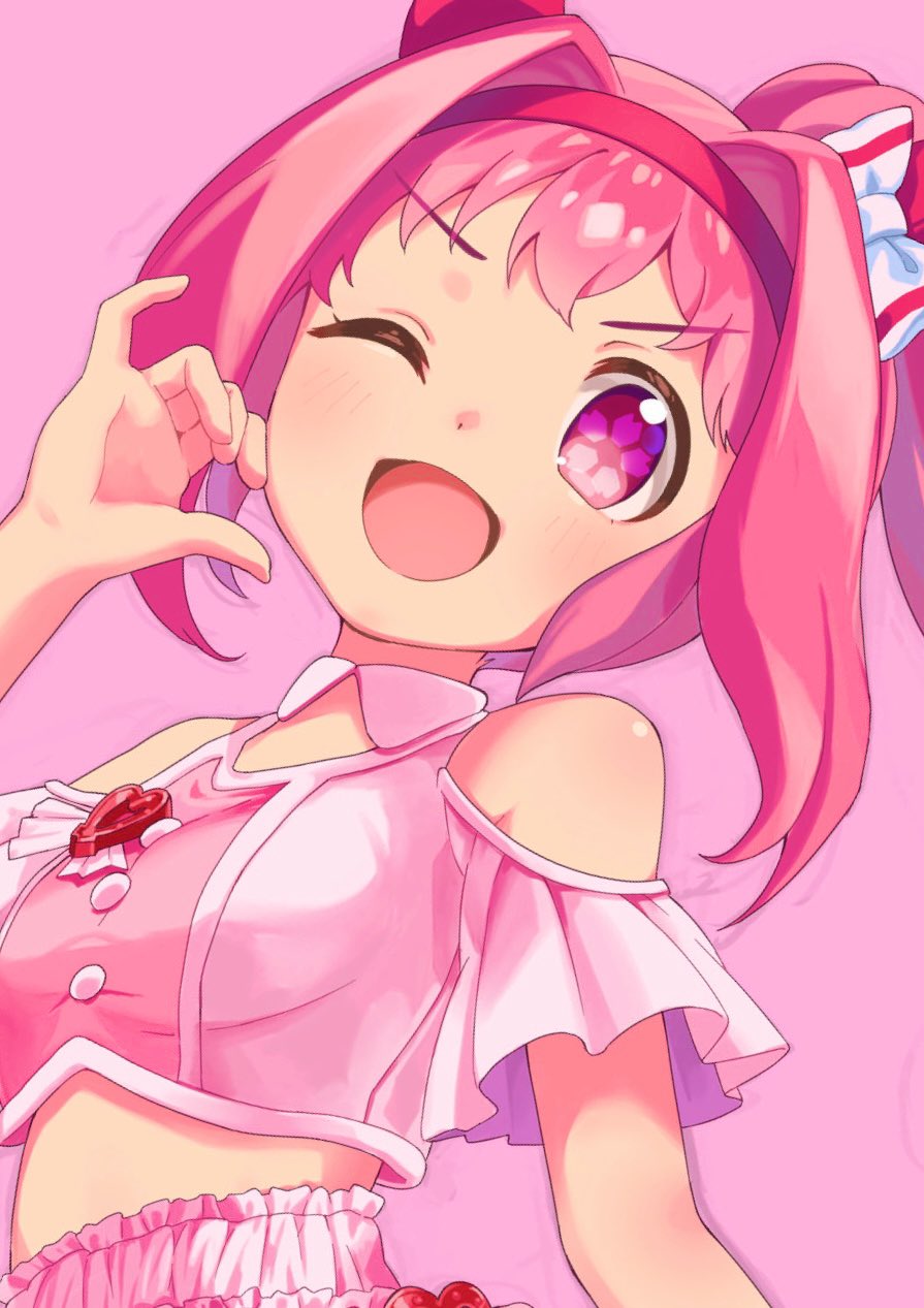 mochiusasa, haru urara (umamusume), umamusume, commentary request, highres, 1girl, ;d, animal ears, bare shoulders, blush, flower-shaped pupils, hand up, headband, horse ears, horse girl, long hair, looking at viewer, meni shuki rush-sshu!, one eye closed, open mouth, pink background, pink eyes, pink hair, pink headband, pink shirt, shirt, short sleeves, simple background, smile, solo, symbol-shaped pupils, upper body, v-shaped eyebrows