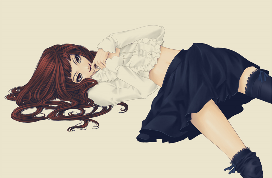 kunishige keiichi, original, lace-trimmed legwear, non-web source, 1girl, black skirt, black thighhighs, brown hair, female focus, finger to mouth, frilled shirt, frills, goth fashion, grin, lace, lace trim, lipstick, lolita fashion, long hair, long sleeves, looking at viewer, loose thighhigh, lying, makeup, midriff, navel, red eyes, red hair, shirt, simple background, skirt, smile, solo, thighhighs, white shirt, zettai ryouiki