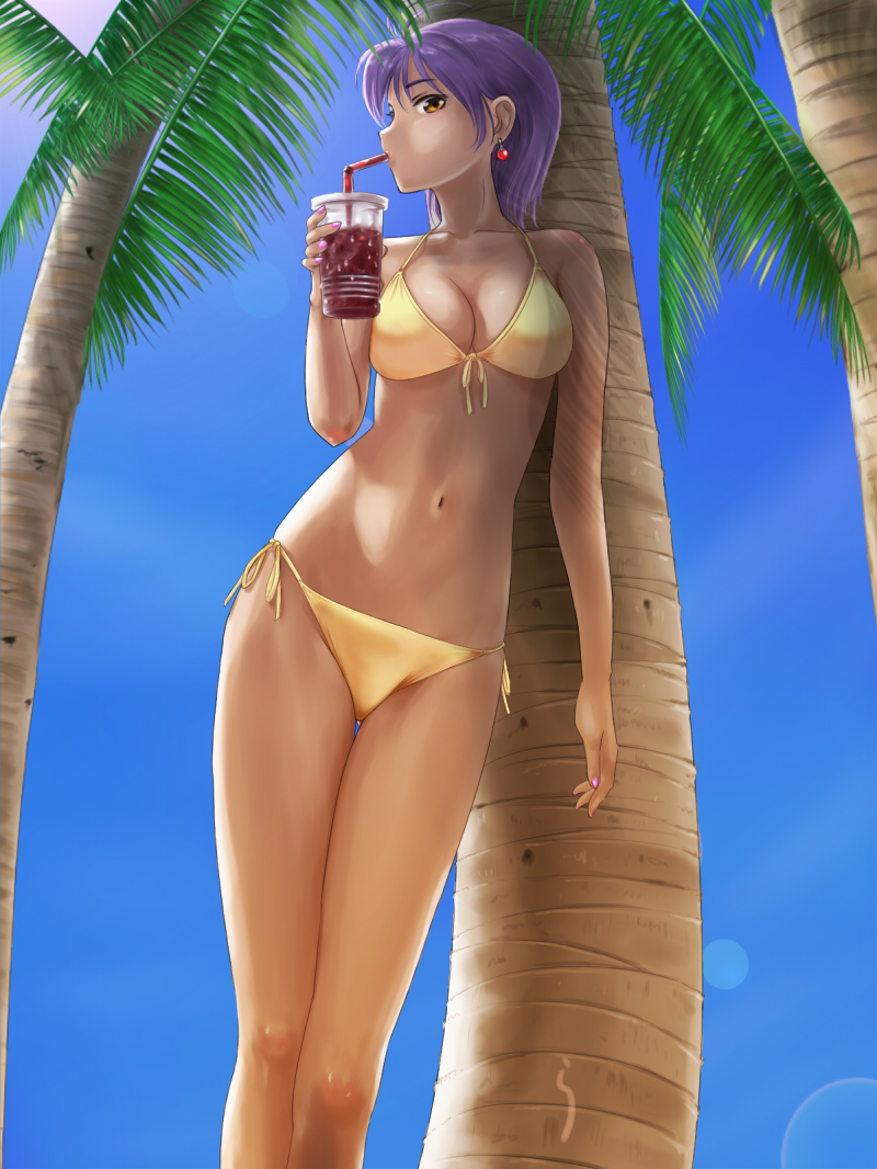 rasukaru, original, 1girl, bikini, breasts, cleavage, day, drink, earrings, female focus, jewelry, large breasts, navel, orange eyes, outdoors, palm tree, purple hair, short hair, side-tie bikini bottom, solo, swimsuit, tree, yellow bikini