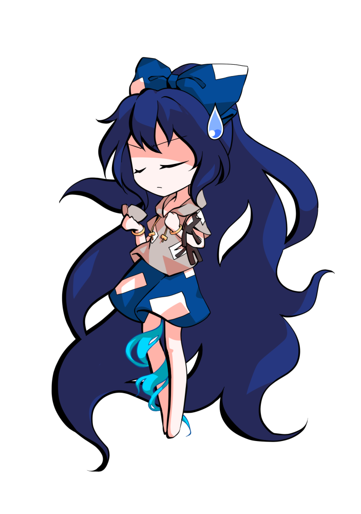 dairi, yorigami shion, touhou, commentary request, large variant set, variant set, 1girl, absurdly long hair, barefoot, blue bow, blue hair, blue skirt, bow, bowl, chibi, chibi only, full body, grey hoodie, hair bow, hood, hoodie, long hair, short sleeves, skirt, solo, standing, stuffed animal, stuffed cat, stuffed toy, tachi-e, transparent background, very long hair
