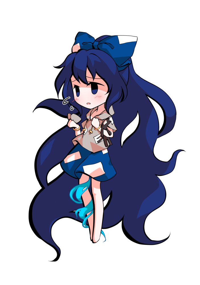 dairi, yorigami shion, touhou, commentary request, large variant set, variant set, 1girl, absurdly long hair, barefoot, blue bow, blue hair, blue skirt, bow, bowl, chibi, chibi only, full body, grey hoodie, hair bow, hood, hoodie, long hair, short sleeves, skirt, solo, standing, stuffed animal, stuffed cat, stuffed toy, tachi-e, transparent background, very long hair