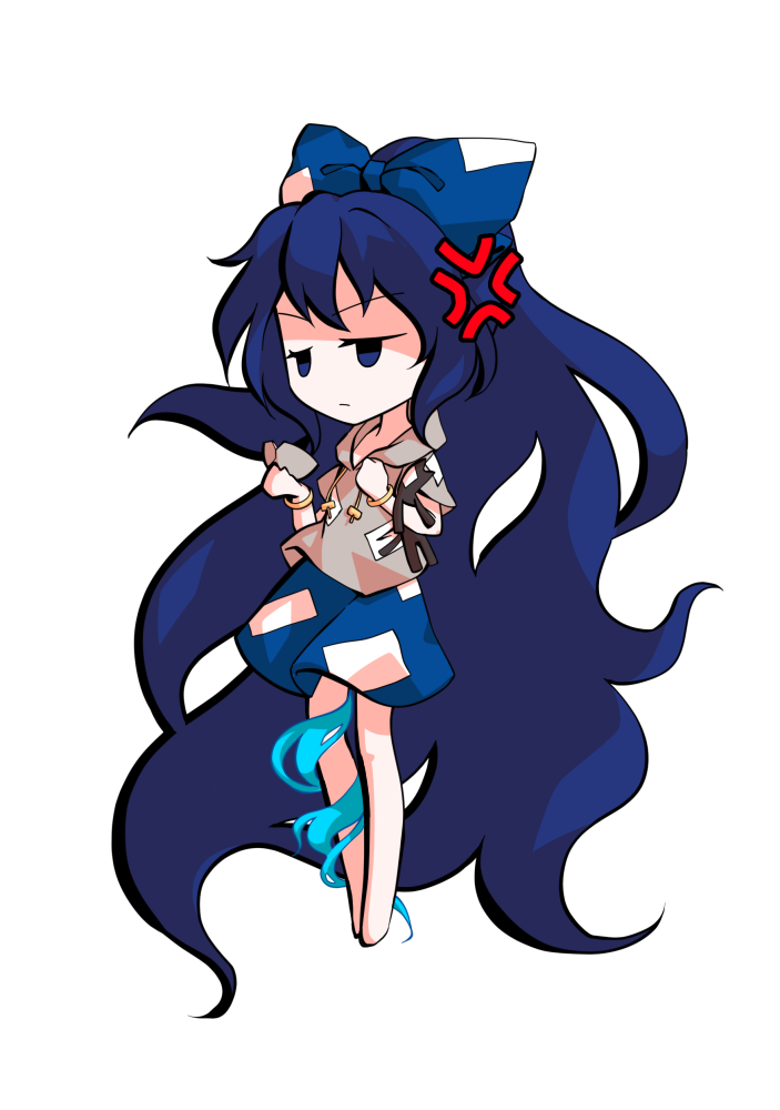 dairi, yorigami shion, touhou, commentary request, large variant set, variant set, 1girl, absurdly long hair, barefoot, blue bow, blue hair, blue skirt, bow, bowl, chibi, chibi only, full body, grey hoodie, hair bow, hood, hoodie, long hair, short sleeves, skirt, solo, standing, stuffed animal, stuffed cat, stuffed toy, tachi-e, transparent background, very long hair