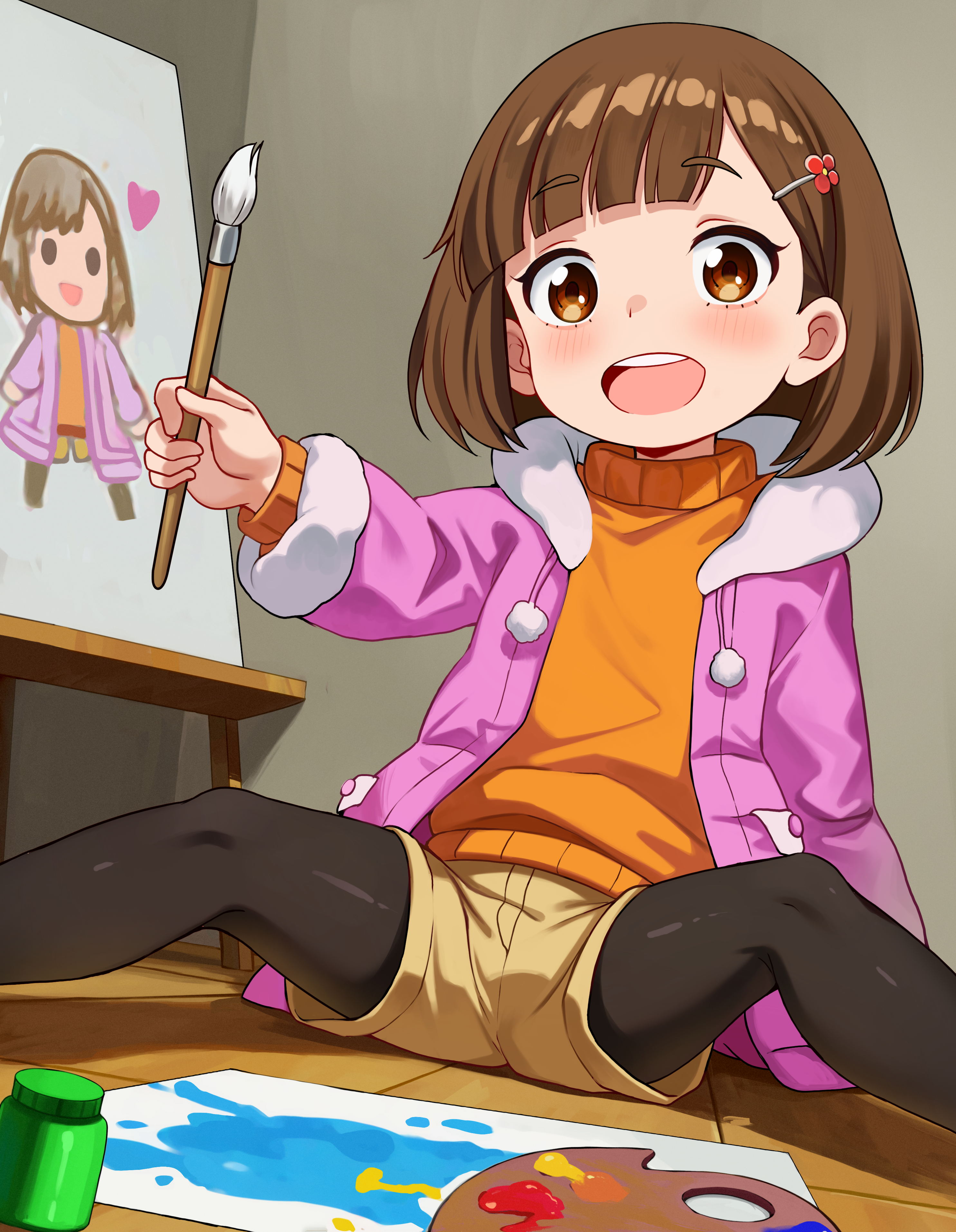 luxuriou s, unasaka miri, buddy daddies, absurdres, highres, 1girl, black pantyhose, brown eyes, brown hair, brown shorts, hair ornament, hairclip, holding, holding paintbrush, jacket, open mouth, paintbrush, pantyhose, pantyhose under shorts, shorts, sitting, smile, solo, sweater, teeth, upper teeth only