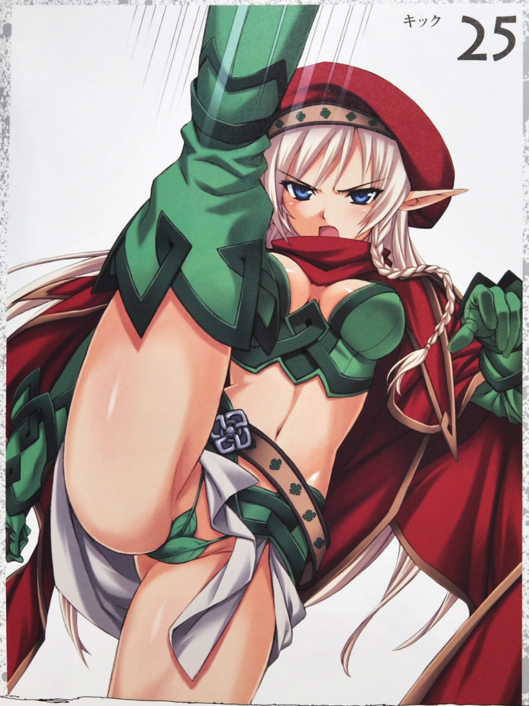 matsuryuu, alleyne (queen's blade), fighting master alleyne, queen's blade, 00s, 1girl, beret, blonde hair, blue eyes, blush, breasts, elf, female focus, gloves, hat, high kick, kicking, leaf print, midriff, miniskirt, navel, panties, pantyshot, pointy ears, print panties, skirt, solo, thighhighs, underwear, upskirt