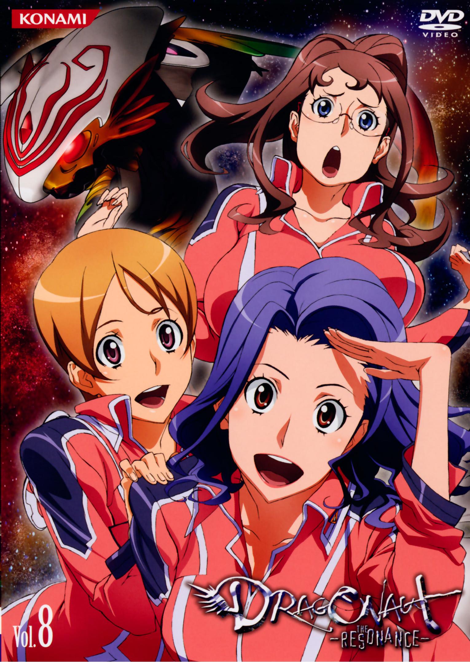 uno makoto, jinguuji megumi, kakei ryouko, kurata saki, megumi jinguuji, ryoko kakei, saki kurata, dragonaut, hand on shoulder, striped, uniform, highres, official art, scan, 00s, 3girls, :d, :o, arched back, arm up, blue eyes, blue hair, blush, boots, bouncing breasts, breasts, brown hair, collarbone, copyright name, cover, dvd cover, fingernails, floating hair, gem, glasses, glowing, glowing eyes, head tilt, huge breasts, large breasts, leg lift, lipstick, long fingernails, long hair, looking at viewer, makeup, mecha, multiple girls, open mouth, orange hair, outstretched arms, ponytail, purple eyes, red-framed eyewear, red eyes, robot, salute, short hair, sidelocks, sky, smile, space, spread arms, star (sky), starry sky, surprised, unaligned breasts, upper body, wavy hair