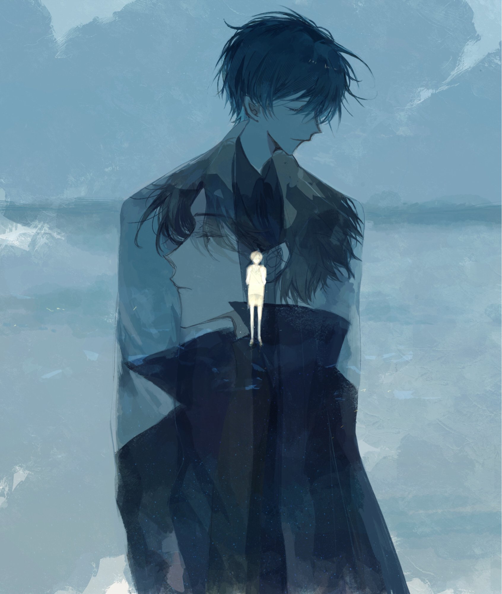 kim dokja, yoo joonghyuk, omniscient reader's viewpoint, highres, 3boys, beach, black coat, black hair, blue theme, breathing742105, closed eyes, coat, faceless, facing viewer, full body, horizon, multiple boys, oldest dream, open clothes, open coat, popped collar, short hair, silhouette, standing, superimposition, white coat