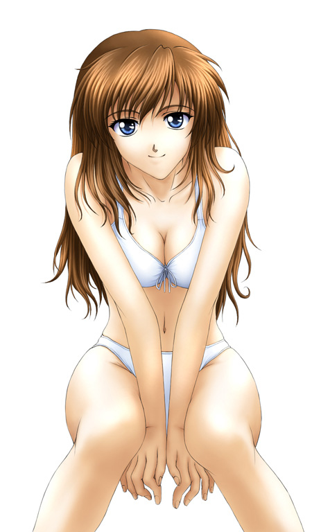 r's wallpaper studio, original, 1girl, blue eyes, bra, breasts, brown hair, female focus, large breasts, lingerie, long hair, panties, sitting, solo, underwear, underwear only