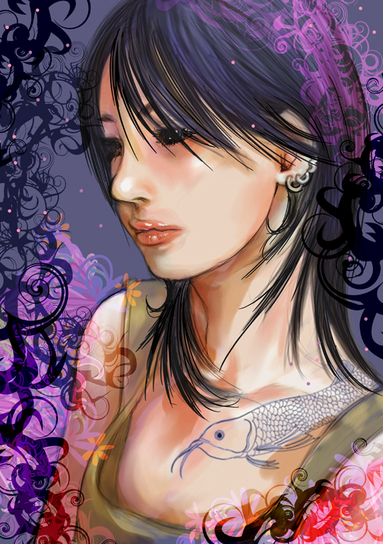 kazaana, original, black hair, earrings, jewelry, lips, solo, tattoo
