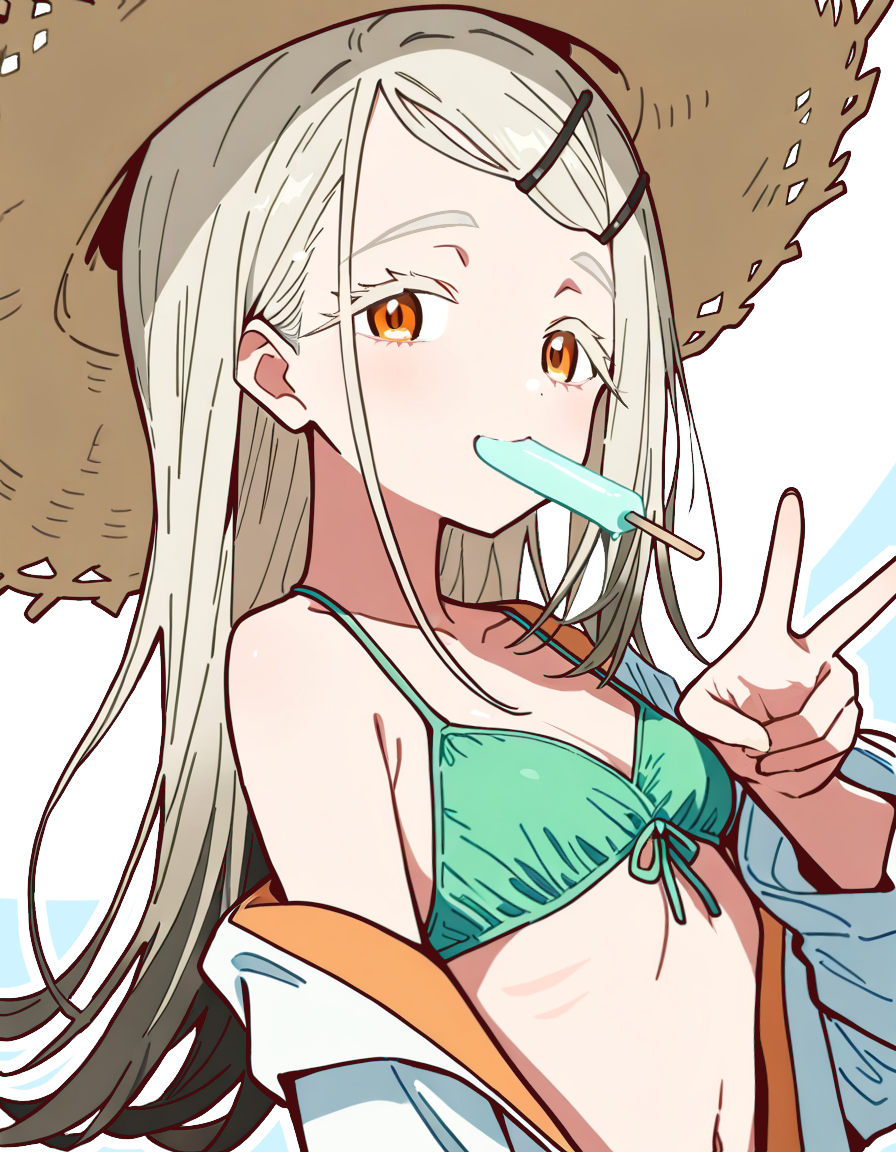 hiraji, shinosawa hiro, gakuen idolmaster, idolmaster, commentary request, 1girl, bikini, blonde hair, breasts, colored eyelashes, flipped hair, food, food in mouth, front-tie bikini top, front-tie top, green bikini, grey hair, hat, jacket, jacket partially removed, kimi to semi blue (idolmaster), long hair, looking at viewer, navel, official alternate costume, orange eyes, popsicle, popsicle in mouth, ribs, small breasts, solo, straw hat, string bikini, swimsuit, two-sided fabric, two-sided jacket, upper body, v, very long hair, white jacket