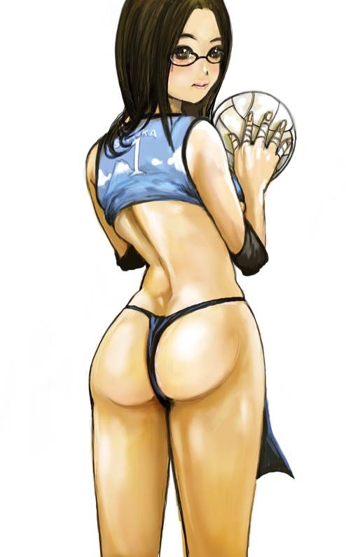 kazaana, original, 1girl, ass, back, ball, blush, brown eyes, brown hair, female focus, glasses, loincloth, simple background, solo, volleyball, volleyball (object), white background