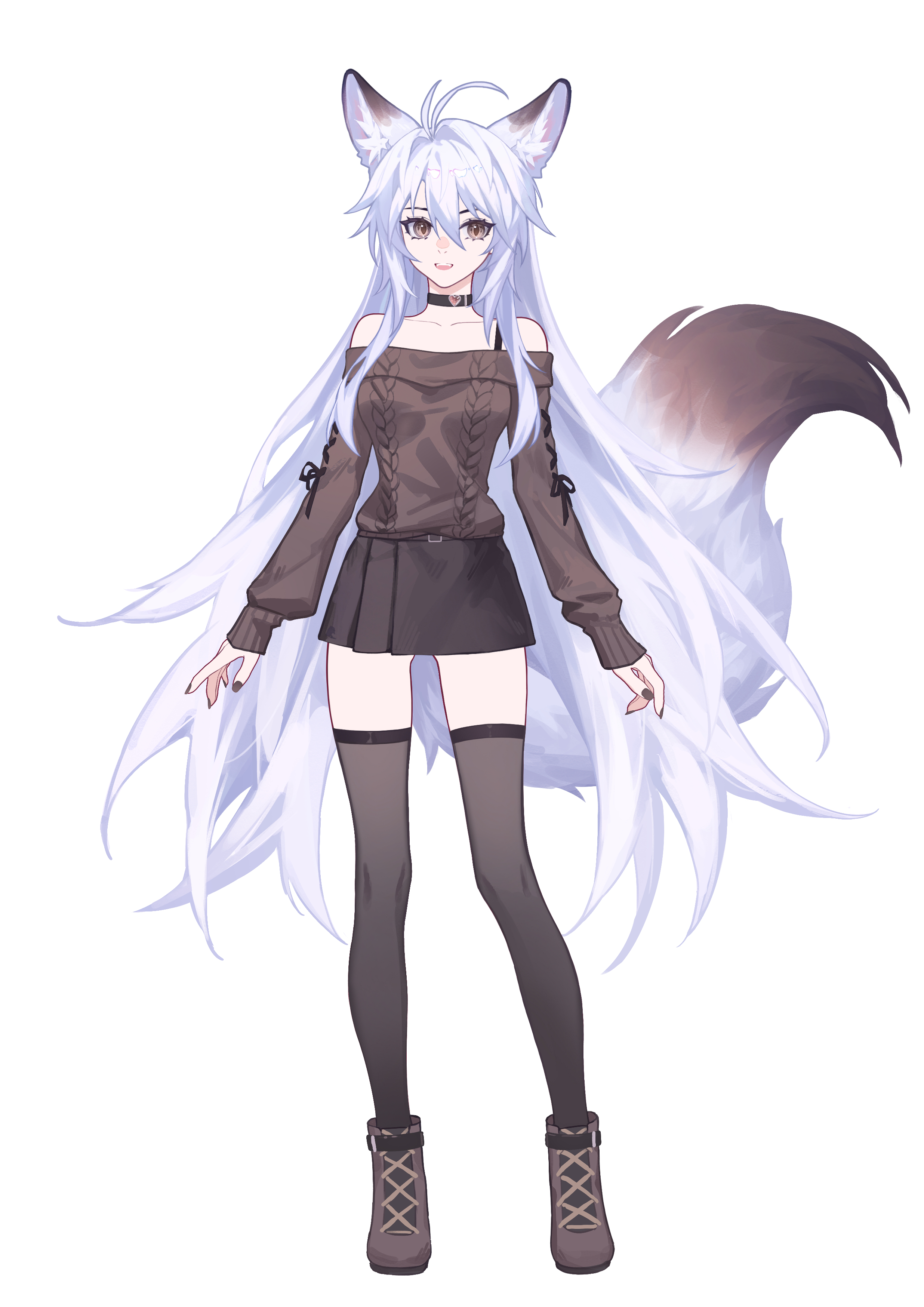 meng xi xuan, original, absurdres, commentary request, highres, revision, 1girl, :d, animal ears, antenna hair, bare shoulders, black choker, black shoes, black skirt, black sweater, black thighhighs, choker, fox ears, fox girl, fox tail, full body, large tail, long hair, long sleeves, looking at viewer, luo shun yao, miniskirt, off-shoulder sweater, off shoulder, open mouth, purple eyes, shoes, simple background, skirt, smile, solo, standing, sweater, tail, thighhighs, very long hair, white background, white hair