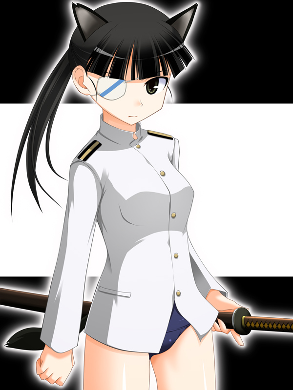hyokkori tamago, sakamoto mio, strike witches, world witches series, 00s, 1girl, animal ears, black hair, blue eyes, blunt bangs, cat ears, dog ears, dog tail, eyepatch, female focus, holding, holding sword, holding weapon, leotard, long hair, long sleeves, looking at viewer, military, military uniform, ponytail, simple background, solo, sword, tail, weapon