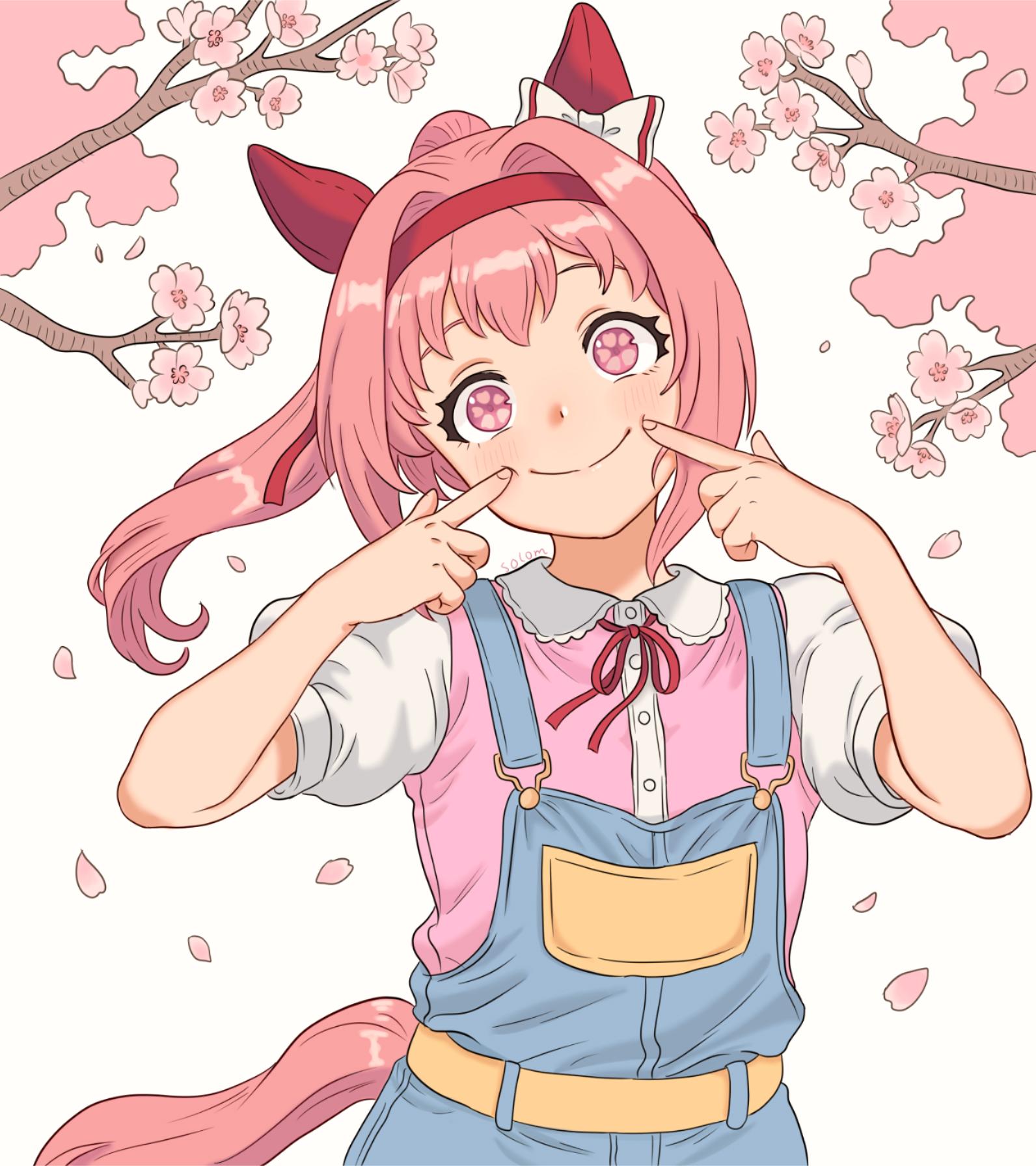haru urara (casual) (umamusume), haru urara (umamusume), umamusume, highres, 1girl, animal ears, blush, bow, buruma, ear bow, ear covers, flower-shaped pupils, flower in eye, hairband, headband, horse ears, horse girl, horse tail, long hair, pink eyes, pink hair, pink headband, ponytail, red buruma, red headband, shirt, smile, sorodansu, symbol-shaped pupils, symbol in eye, tail