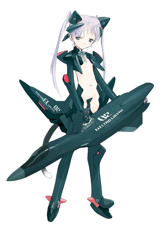 shimada fumikane, konami mecha musume, silver hair, 1girl, female focus, flat chest, grey eyes, long hair, maebari, mecha musume, midriff, revealing clothes, solo, twintails
