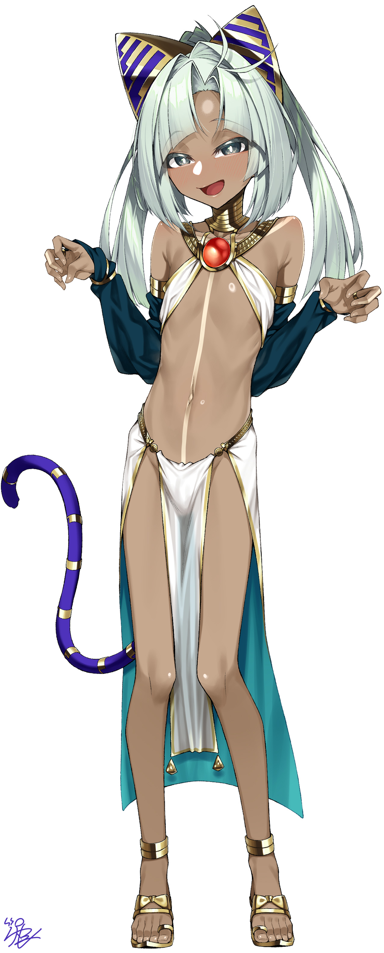 watosu, tutankhamun (fate), fate/grand order, fate (series), absurdres, highres, 1boy, animal ears, anklet, armlet, bare shoulders, blush, body markings, bracelet, bridal gauntlets, cat ears, cat tail, dark-skinned male, dark skin, detached sleeves, full body, gold trim, grey eyes, grey hair, halterneck, if you want to become a godly artist (trend), jewelry, long hair, looking at viewer, male focus, navel, open mouth, parted bangs, pelvic curtain, sandals, skirt, smile, solo, tail, toe ring, twintails, usekh collar, white skirt