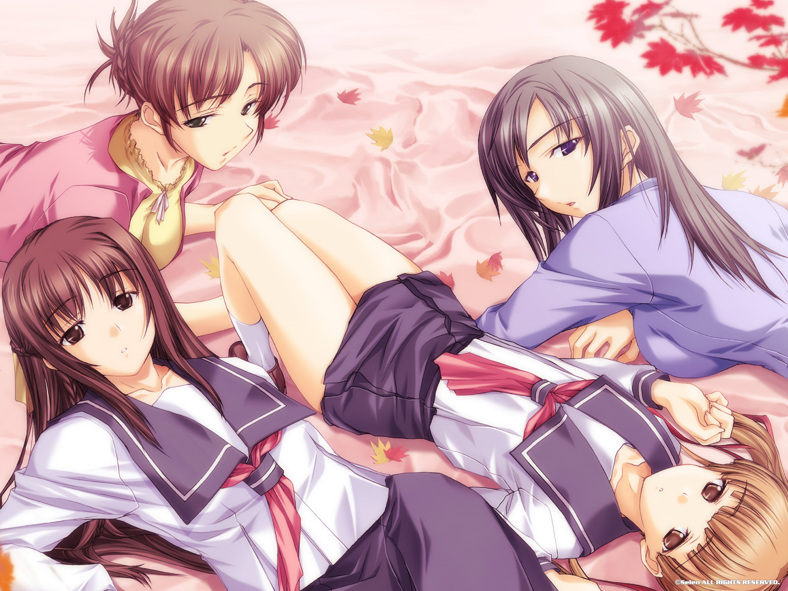 kawagishi keitarou, hizuki ayumi, hizuki mitsuna, hizuki shino, hizuki yuiko, ringetsu, highres, 4girls, black eyes, black hair, blonde hair, brown eyes, long hair, lying, multiple girls, school uniform, serafuku, siblings, sisters, skirt, teacher, teacher and student