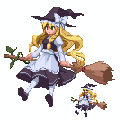 d-01, kirisame marisa, touhou, bad id, bad pixiv id, lowres, 1girl, blonde hair, broom, broom riding, female focus, pantyhose, pixel art, simple background, solo
