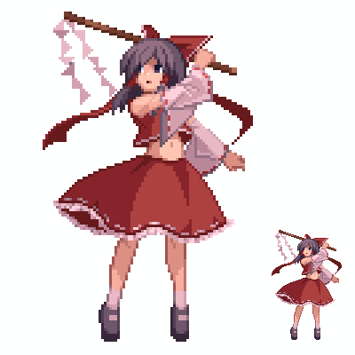 d-01, hakurei reimu, touhou, bad id, bad pixiv id, lowres, 1girl, female focus, gohei, navel, pixel art, simple background, skirt, solo, white background